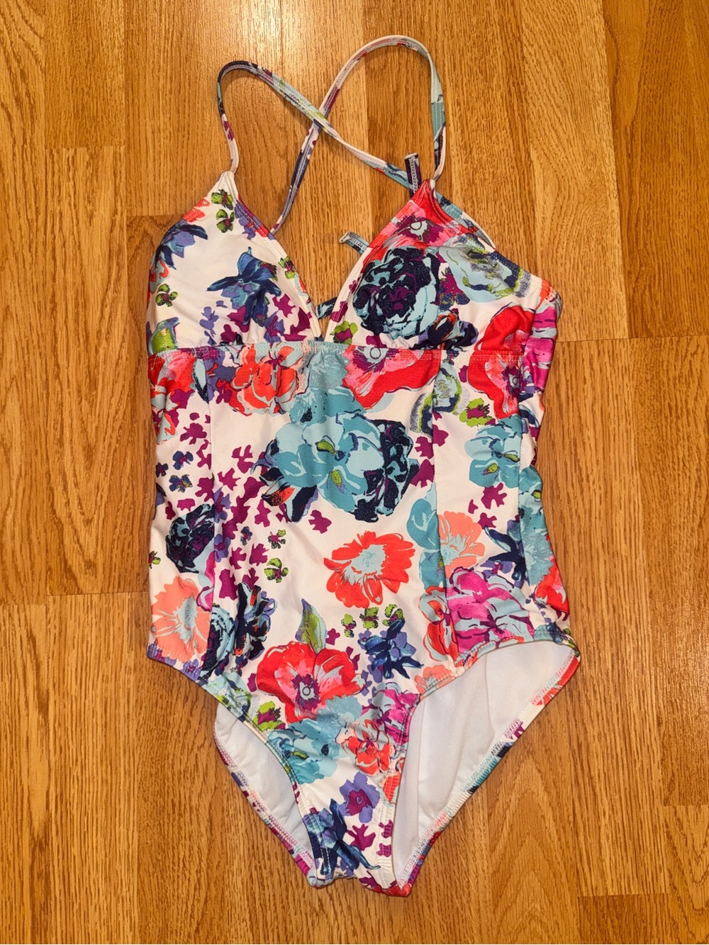 Splendid White Floral One-Piece Swimsuit with Blue, Pink & Coral Accents